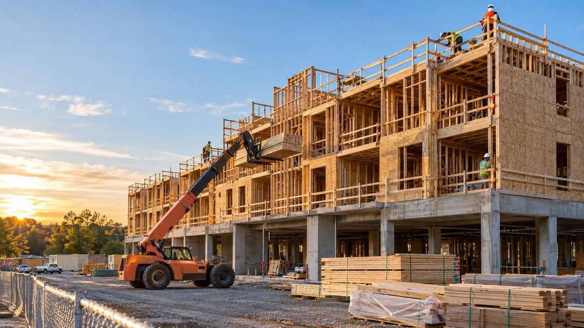 Carpenters framing a multi-story wood-frame building on a concrete podium