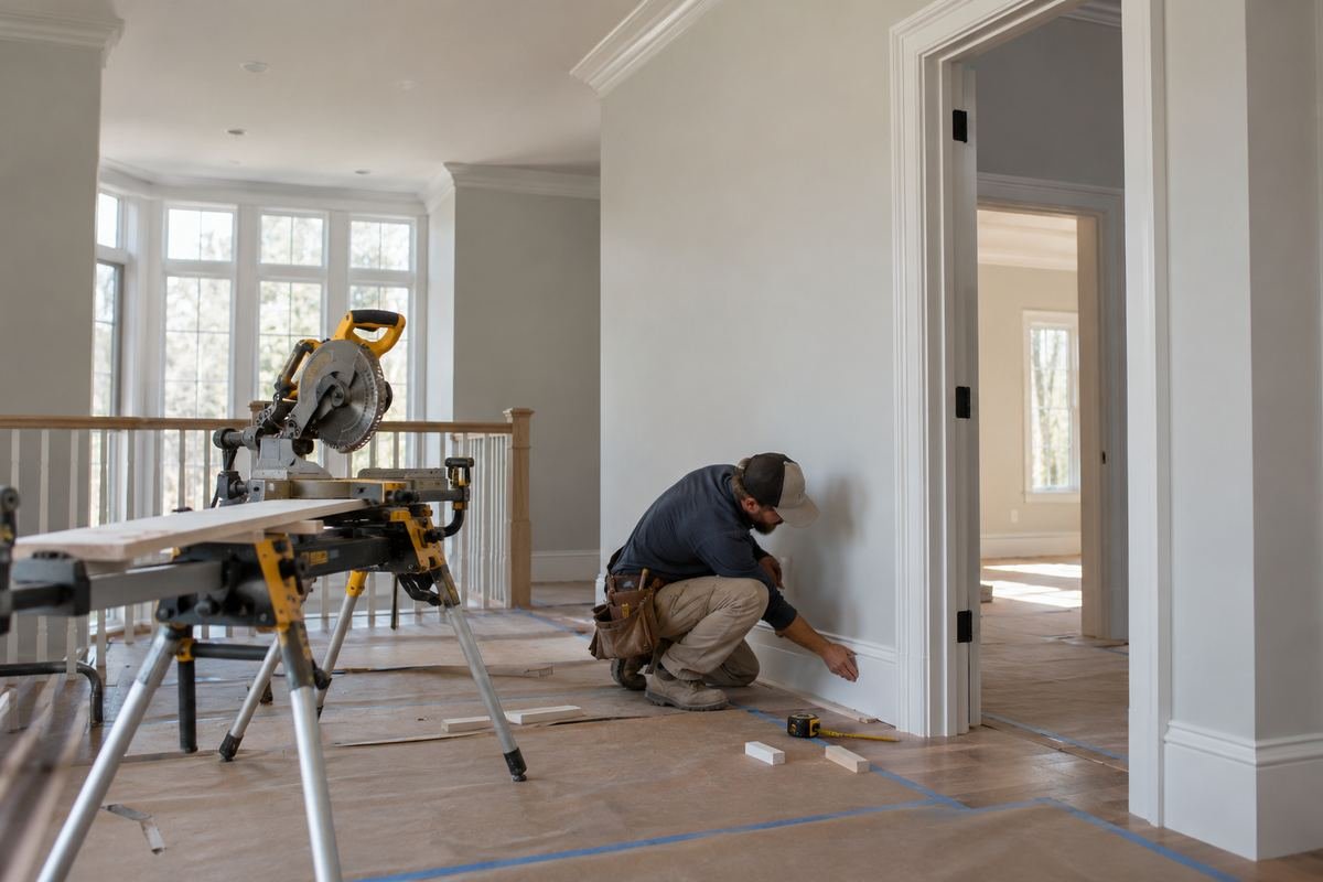 Finish carpenter installing baseboard next to newly trimmed door casings, with a miter saw station